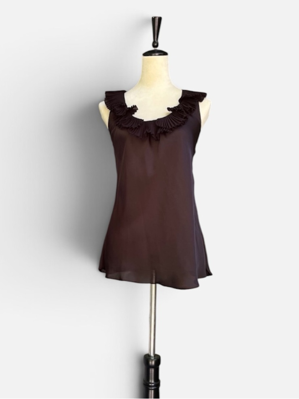 Spense Pleated Ruffle Scoop Neck Tank Top Black Romantic Chiffon Size Small